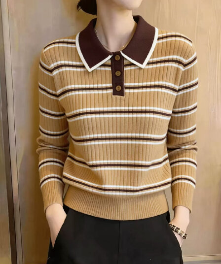 2026 이른 가을 새로운 레트로 배색 스트라이프 POLO 칼라 긴팔 니트 스웨터 여성 출퇴근 다용도 슬림해 보이는 맨위 여성