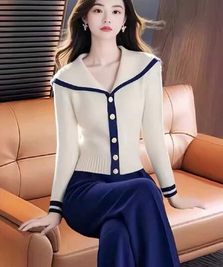 블루 화이트 배색 해군 칼라 스웨터 느긋한 고급 센스 학원 스타일 니트 오픈 가디건 여성 가을 새로운 맨위