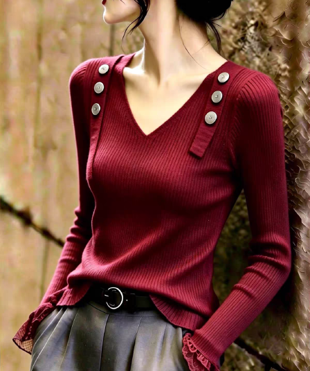 미니멀리즘 바람 레트로 빨간색 V넥 단추 장식 나팔 소매 세련된 외국 가스 캐주얼 슈퍼 잘 생긴 빅 사이즈 맨위 여성