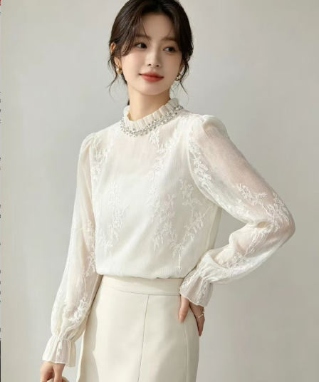 2026 이른 가을 새로운 빛 럭셔리 고급 센스 다용도 주름 자수 비즈 박기 긴팔 레이스 자수 셔츠