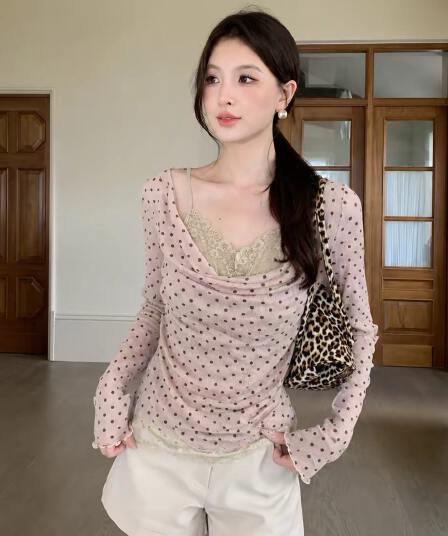 프랑스식 도트 무늬 흔들다 칼라 페이크 레이어드 레이스 조각 작은 셔츠 여성 가을 긴팔 슬림해 보이는 디자인 센스 맨위