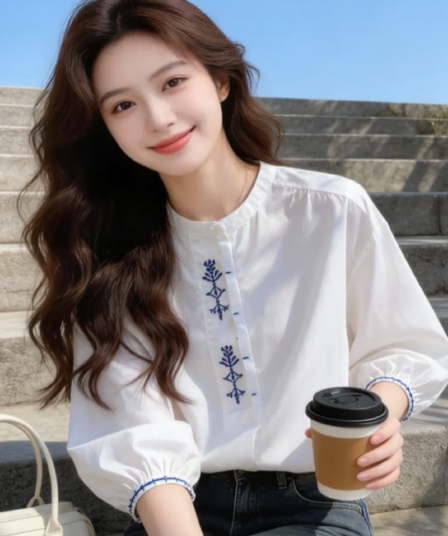 2026 이른 가을 새로운 여성 의류 맨위 작은 셔츠 레트로 디자인 센스 빛 요리 한 외국 가스 연령 감소 아름다운