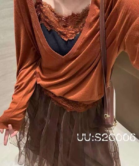 2026 가을 겨울 새로운 느긋한 깊은 V 넥 니트 블라우스 배색 레이스 레이스 슬립 사실 두 조각 맨위