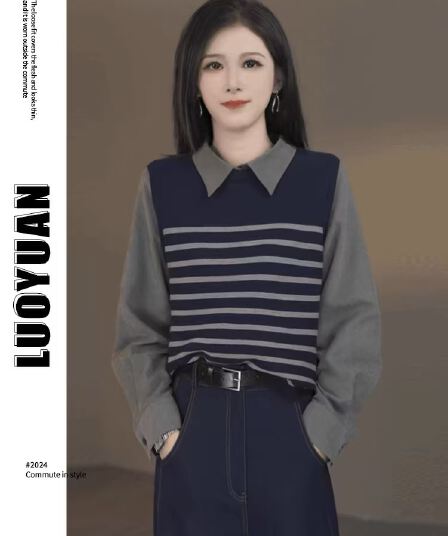 한국 스타일 루즈핏 여성 이른 가을 맨위 새로운 외국 가스 페이크 레이어드 패치워크 POLO 칼라 셔츠 고유 한 Chic 셔츠