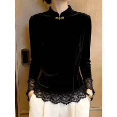 批发复古丝绒立领衬衫女黑色<b class='q'>蕾丝拼接</b>盘扣显瘦遮肉高级感上衣2026年秋