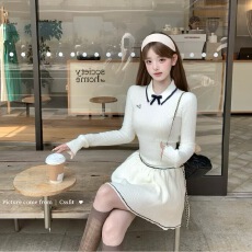 批发迟<b class='q'>伞</b><b class='q'>伞</b>26ss 米兰腔调 Valen撞色蝴蝶结华夫格针织上衣半<b class='q'>裙</b>套装