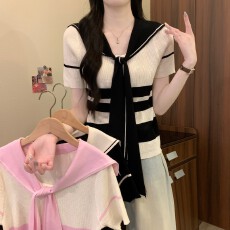 批发实拍实价夏季新款设计感小众海军领条纹正肩宽松短袖百搭显瘦上衣