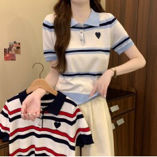 批发实拍实价 夏季新款MIU系条纹复古韩系设计感甜美小众polo针织上衣