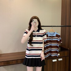 批发实拍实价 夏新款<b class='q'>学院风</b>miu感知识分子条纹polo领百搭显瘦短袖上衣