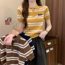 批发实拍实价 夏季新款<b class='q'>学院风</b>条纹撞色显瘦百搭宽松polo针织短袖上衣