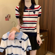 批发实拍实价 夏季新款MIU系条纹复古韩系设计感甜美小众polo针织上衣