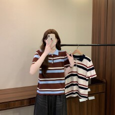 批发实拍实价 夏新款<b class='q'>学院风</b>miu感知识分子条纹polo领百搭显瘦短袖上衣