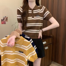 批发实拍实价 夏季新款<b class='q'>学院风</b>条纹撞色显瘦百搭宽松polo针织短袖上衣