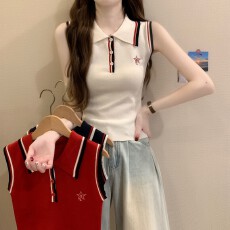 批发实拍实价 夏季新款<b class='q'>学院风</b>撞色翻领减龄修身百搭无袖针织背心上衣