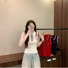 批发实拍实价 夏季新款<b class='q'>学院风</b>撞色翻领减龄修身百搭无袖针织背心上衣