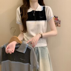 批发实拍实价 夏季新款法式气质拼接polo领百搭时尚<b class='q'>学院风</b>软糯针织衫