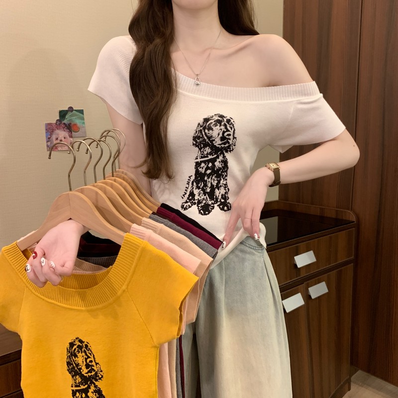 FA33975# 夏季新款美式复古斜肩短小狗短款修身显瘦辣妹针织上衣 服裝批發女裝批發服飾貨源