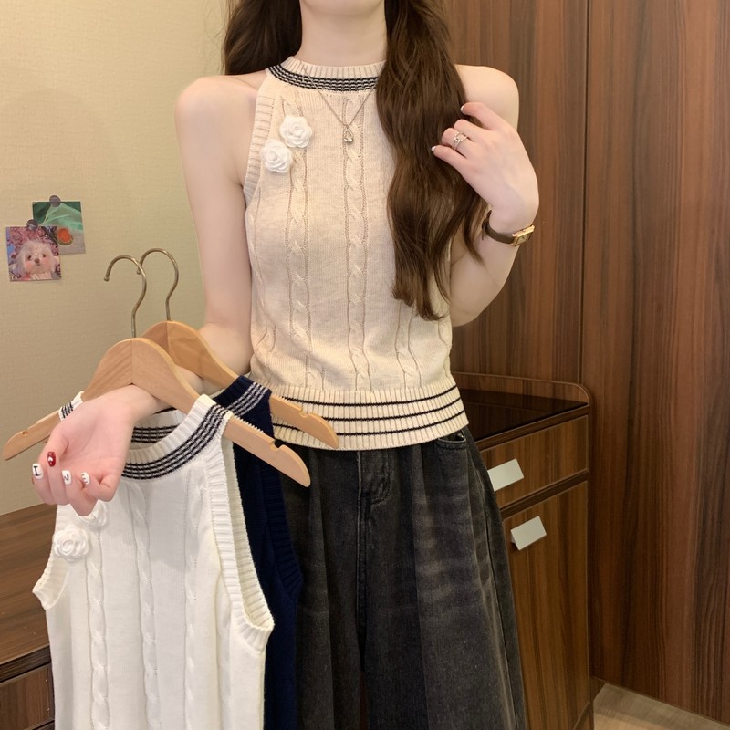 FA33977# 夏季新款高级感复古圆领麻花时尚露肩立体花朵针织上衣 服裝批發女裝批發服飾貨源