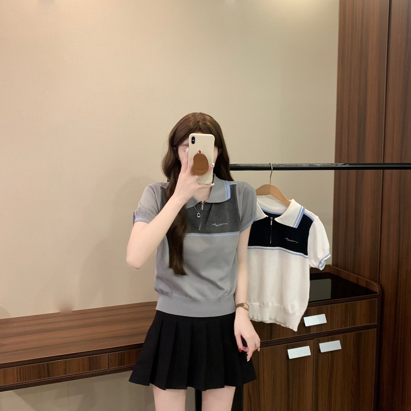 FA33974# 夏季新款法式气质拼接polo领百搭时尚学院风软糯针织衫 服裝批發女裝批發服飾貨源