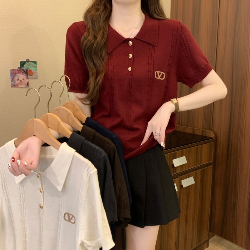 FA33976# 夏季新款polo领高级感珍珠麻字母刺绣薄款套头短袖针织衫 服裝批發女裝批發服飾貨源