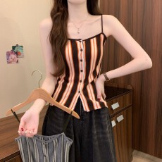批发实拍实价早秋新款韩版撞色条纹甜辣<b class='q'>街头</b>无袖绝美百搭吊带背心上衣