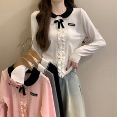 批发实拍实价 早秋新款法式<b class='q'>学院风</b>木耳边蝴蝶结简约翻领长袖针织上衣