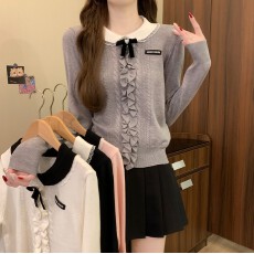 批发实拍实价 早秋新款法式<b class='q'>学院风</b>木耳边蝴蝶结简约翻领长袖针织上衣