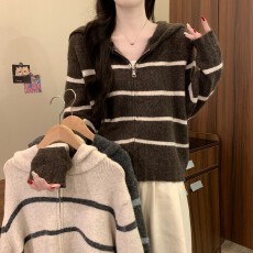 批发实拍实价秋冬新款韩版chic休闲宽松复古条纹拉链连帽开衫<b class='q'>针织</b>外套