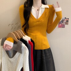 批发实拍实价 秋冬新款<b class='q'>学院风</b>撞色假两件polo领纯欲甜美麻花针织上衣