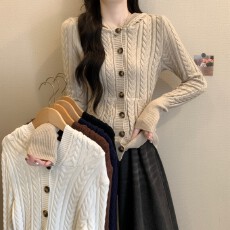 批发实拍实价 秋冬新款<b class='q'>学院风</b>复古长袖连帽钩花麻花修身显瘦开衫外套