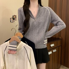 批发实拍实价 秋冬新款<b class='q'>学院风</b>撞色条纹立领小众减龄百搭针织开衫上衣