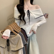 批发实拍实价秋冬新款<b class='q'>韩版</b>宽松娃娃大翻领减龄时尚显瘦百搭系带针织衫