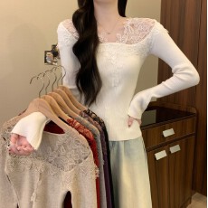 批发实拍实价法式纯欲<b class='q'>甜美</b>风立体蕾丝拼接一字肩修身显瘦针织长袖上衣