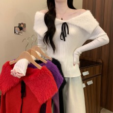批发实拍实价 冬季新款纯欲<b class='q'>甜美</b>修身毛领拼接一字肩性感气质时尚毛衣