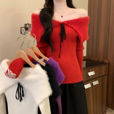 批发实拍实价 冬季新款纯欲<b class='q'>甜美</b>修身毛领拼接一字肩性感气质时尚毛衣