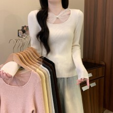 批发实拍实价秋冬新款法式时尚<b class='q'>网纱</b>拼接高级感蝴蝶结长袖修身显瘦上衣