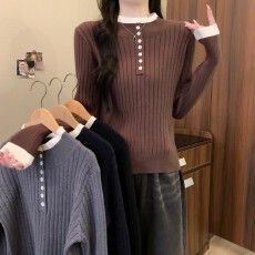 实拍实价秋冬新款韩版半开扣撞色简约修身显瘦长袖百搭针织打底衫