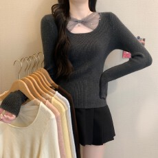 批发实拍实价秋冬新款法式时尚<b class='q'>网纱</b>拼接高级感蝴蝶结长袖修身显瘦上衣