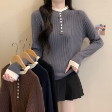 实拍实价秋冬新款韩版半开扣撞色简约修身显瘦长袖百搭针织打底衫