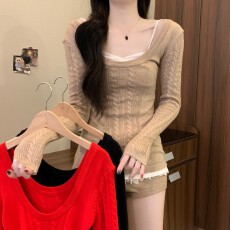 批发实拍实价秋冬新款法式<b class='q'>气质</b>绞花长袖毛衣内搭吊带背心休闲裤三件套