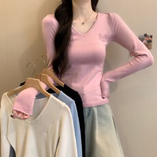 批发实拍实价 秋冬新款双生蝴蝶<b class='q'>镂空</b>V领修身显瘦百搭针织<b class='q'>衫</b>打底上衣