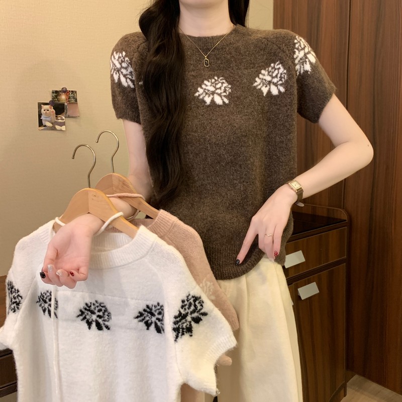 MY17042# 新款法式复古花朵提花套头宽松百搭气质系带短袖毛衣女裝貨源...
