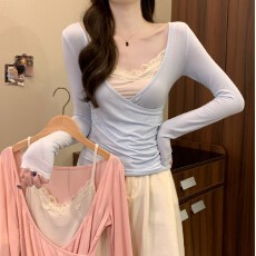 批发实拍实价 早春新款韩系v领纯欲蕾丝褶皱<b class='q'>背心</b>设计感温柔真两件上衣