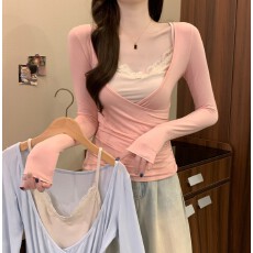 批发实拍实价 早春新款韩系v领纯欲蕾丝褶皱<b class='q'>背心</b>设计感温柔真两件上衣