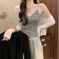 批发实拍实价 <b class='q'>韩版</b>纯色百搭气质开衫＋蕾丝拼接V领背心吊带纯欲上衣