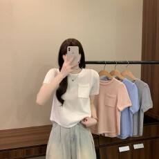 批发实拍实价春夏新款韩系简约设计感后背开叉时尚气质百搭短袖针织衫