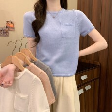 批发实拍实价春夏新款韩系简约设计感后背开叉时尚气质百搭短袖针织衫