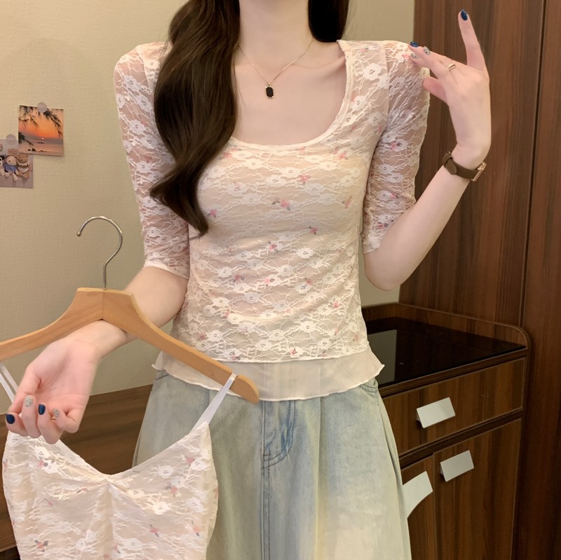 실사 정가 봄 여름 새로운 한 부서 레이스 꽃무늬 순수한 욕망 달콤한 매운맛 몸매 가꾸기 슬림해 보이는 다용도 품격 맨위