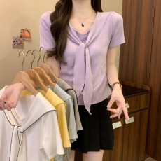 批发实拍实价 夏季新款韩版简约设计感海军领正肩修身显瘦短袖上衣