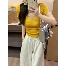 批发实拍实价 春夏<b class='q'>新款</b>纯色百搭显瘦修身V领收腰短袖小个子设计感上衣